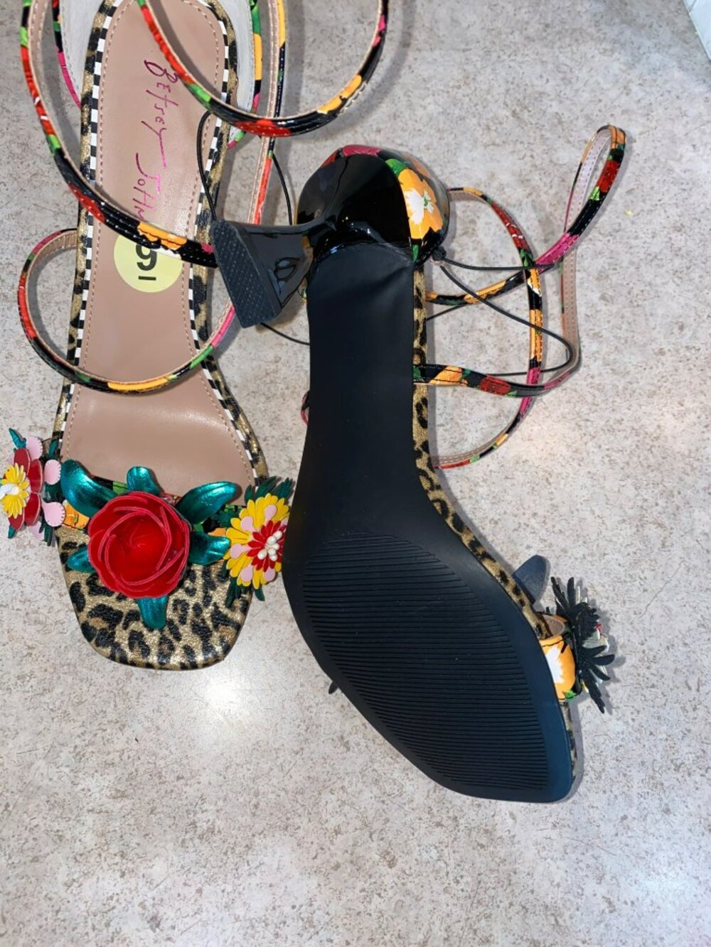 Betsey Johnson Floral Leopard Print Strappy Heels Size 9 - Picture 13 of 13
